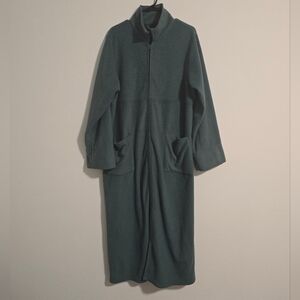 LL Bean Vintage 90s Housecoat Robe Fleece Womans Size L Green 2 Way Zip